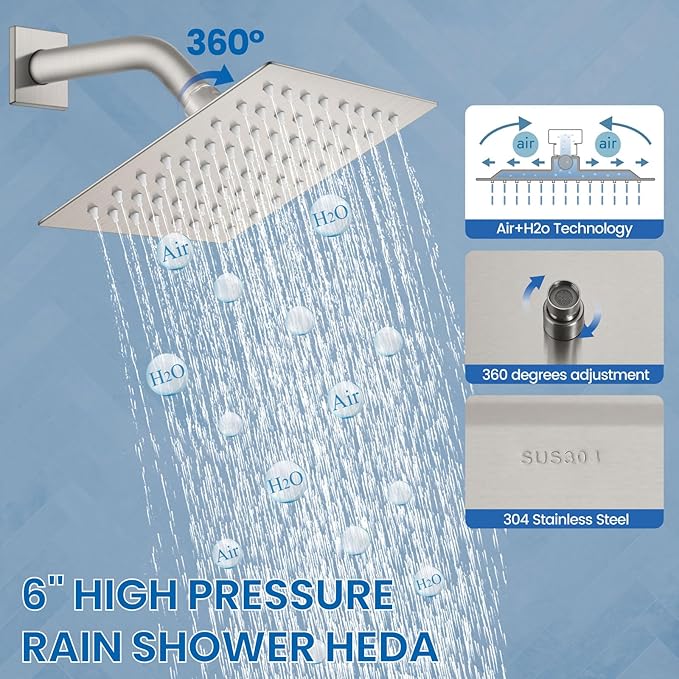 Airuida Shower Faucet Set Bathroom Rain Shower System SUS304 Stainless Steel Single Handle With Male Threads Rough-in Valve Shower Trim Kit 6 Inch Wall Mount Shower Head Brushed Nickel