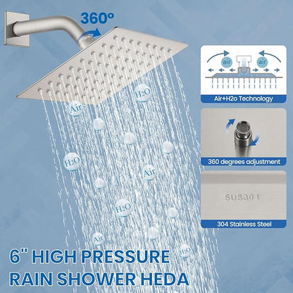 Airuida Shower Faucet Set Bathroom Rain Shower System SUS304 Stainless Steel Single Handle With Male Threads Rough-in Valve Shower Trim Kit 6 Inch Wall Mount Shower Head Brushed Nickel