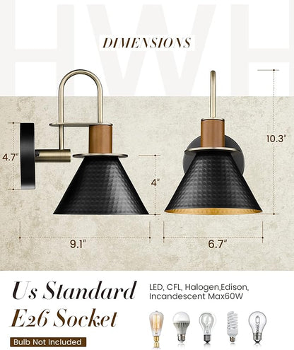 Black Wall Sconce, HWH Industrial Indoor Wall Light Fixture, Single Wall Vanity Light Gooseneck Barn Wall Lamp with Hammered Metal Shade, Black and Gold Finish, 5HZG74B BK+BG