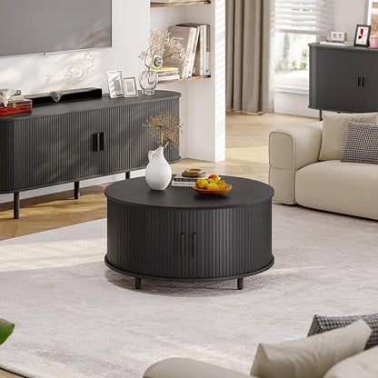 Round Coffee Table with Storage, 31.5" Modern Coffee Table with 360° Curved Sliding Door, Fluted Wood Accent Coffee Table with Adjustable Footpads, Round Center Table for Living Room, Black