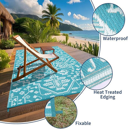 Outdoor Rug 8x10 Waterproof Reversible Plastic Straw Mat, UV-Resistant Vintage Medallion Camping Carpet for Patio, Deck, Balcony, Picnic, Large Outside Floor Mat, Light Blue/White