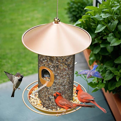 Bird Feeder for Outdoor, Metal Wild Bird Feeder Hanging Outside, 7.5" Copper Roof and 360 Degree Feeding Tray with 2 Extra Feeding Ports, 3 Lbs Bird Seeds Capacity