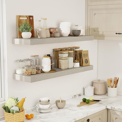 48 Inch Floating Shelves, 12" Deep Floating Shelf Wall Mounted, 48" Wall Shelves, Rustic Deep Bookshelf, Extra Deeper & Thicker Display Shelves for Bedroom, Living Room, Gray, Set of 2