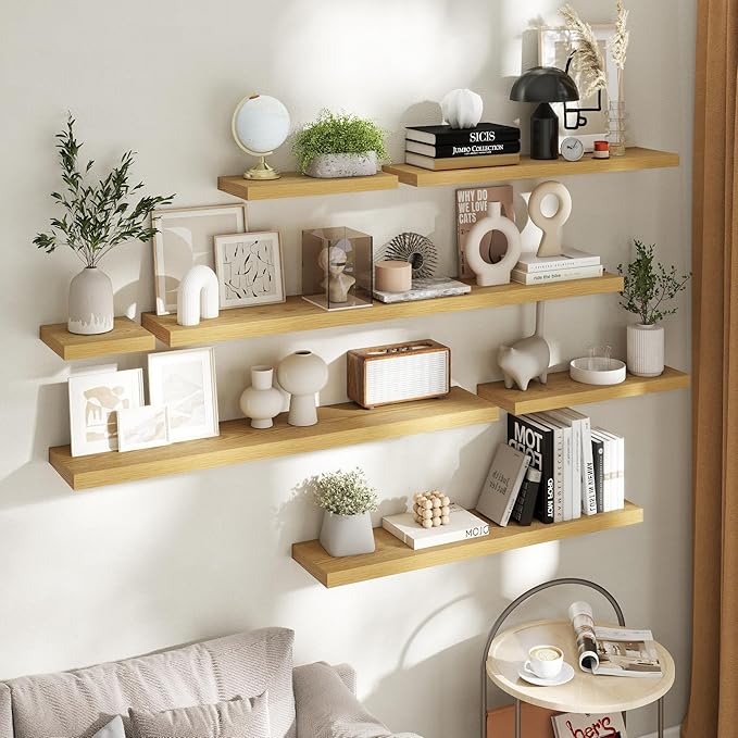 40 Inch Floating Shelves for Wall Set of 2, 8"D Wood Grain Bathroom Shelves with Invisible Brackets, Easy Install Engineered Wood Storage Shelves for Kitchen, Living Room, Bedroom, Oak Finish