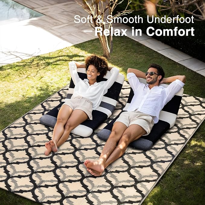 OLANLY Reversible Outdoor Rug 5x8 ft Clearance, Waterproof Outdoor Plastic Straw Rug with Interlacing Pattern, RV Mat for Patio, Camping, Balcony, Deck, Backyard, Black & Beige