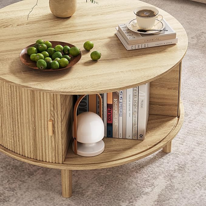Round Coffee Table with Storage,Fluted Table with 360°Curved Sliding Doors,Solid Wood Legs, Mid Century Modern Center Table for Living Room,Apartment, Home Office,Oak,Natural