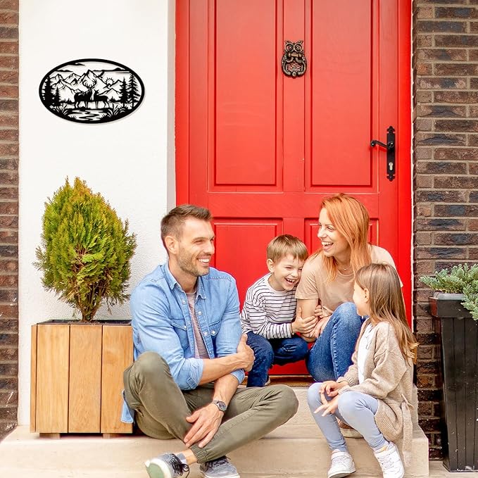 Rustic Metal Deer Cabin Sign, Christmas Gift for Living Room,Welcome Sign, Deer Outdoor Metal Wall Art, Great Gift for Hunters, Cabin Deco