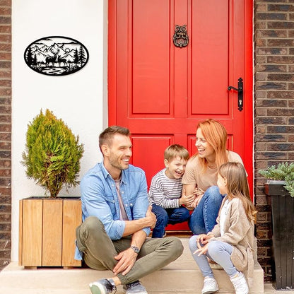 Rustic Metal Deer Cabin Sign, Christmas Gift for Living Room,Welcome Sign, Deer Outdoor Metal Wall Art, Great Gift for Hunters, Cabin Deco