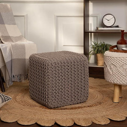 REDEARTH Cube Hand Knitted Pouf - Foot Stool Ottoman - Cord Boho Pouffe - Poof Accent Stuffed Table or Footrest for Living Room - Nursery - Bedroom - Patio - 100% Cotton (16" x 16" x 16") - Taupe