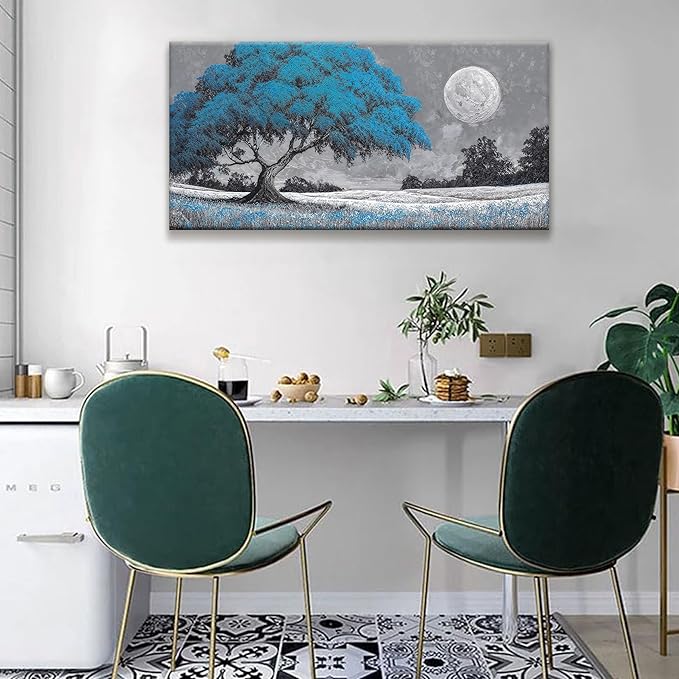 TAIJXAGSG Wall Art For Living Room Blue Tree Moon Canvas Art Wall Decor Artwork Print Painting 20" X 40" Canvas Picture For Bedroom Decor Modern Salon Kitchen Office Hang A Picture