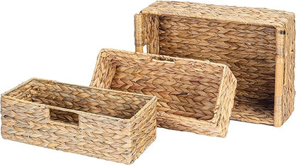 VATIMA Large Water Hyacinth Storage Baskets for Organizing with Wooden Handles for Shelves, 2 Bathroom Small Basket, Water Hyacinth Toilet Paper Baskets, Set of Natural Wicker Storage Basket for Home