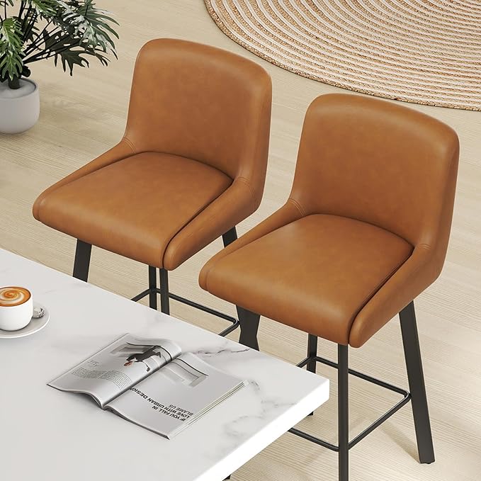 Swivel Counter Height Bar Stools Set of 3, 26''H Upholstered Barstools with Backs, Modern Bar Stool Chairs for Kitchen Island, Metal Legs, Faux Leather, Whiskey Brown Stools Counter Chair