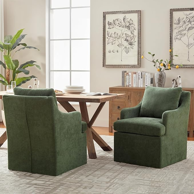 VKNOW Upholstered Dining Chairs, Modern Kitchen Chairs Dinner Chairs with 4 Casters, Linen Armchair for Bedroom Reading Room Living Room, Green