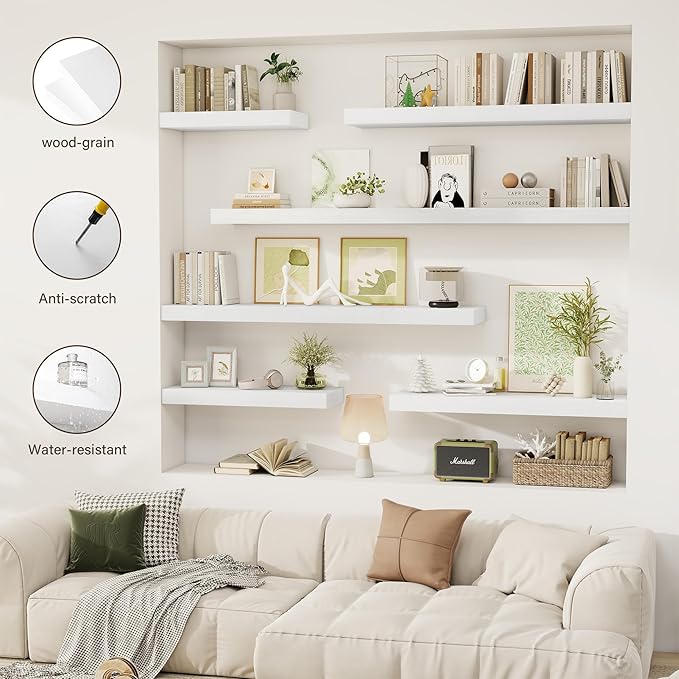 40 Inch Floating Shelves, 12" Deep Floating Shelf Wall Mounted, 40" Wall Shelves, Rustic Deep Bookshelf, Extra Deeper & Thicker Display Shelves for Bedroom, Living Room, White, Set of 2