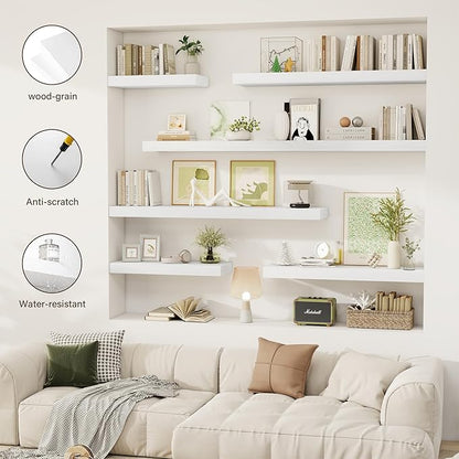 40 Inch Floating Shelves, 12" Deep Floating Shelf Wall Mounted, 40" Wall Shelves, Rustic Deep Bookshelf, Extra Deeper & Thicker Display Shelves for Bedroom, Living Room, White, Set of 2
