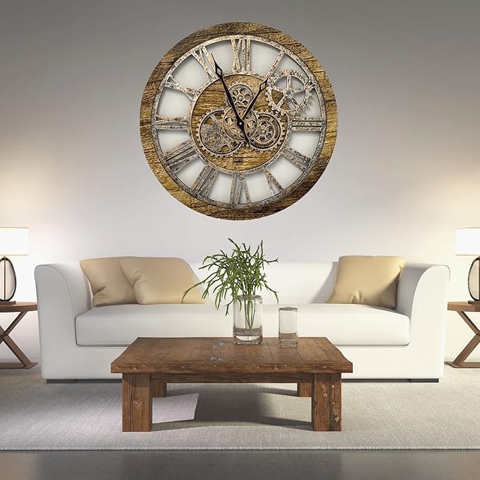 The Gears Clock The Original Real Moving Gear Wall Clock Vintage Industrial Oversized Rustic Farmhouse (24 inch (60cm),Gold Antique)