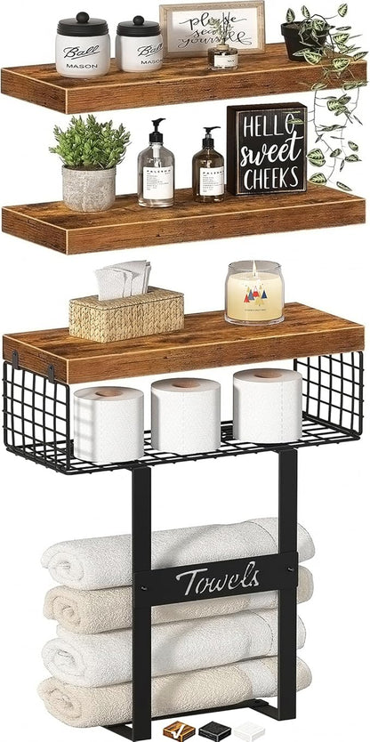 Bathroom Shelves Over Toilet - Floating Shelf for Wall Above Toilet Towels Holder Small Farmhouse Decor Shelves (15.7 inch, Set of 3, Rustic Brown)