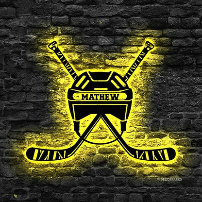 Custom Hockey LED Sign - Goalie Helmet Personalized Name Sign with Crossed Sticks, Light Up Goalie Mask Hockey Room Decor for Boys, Players, Fans