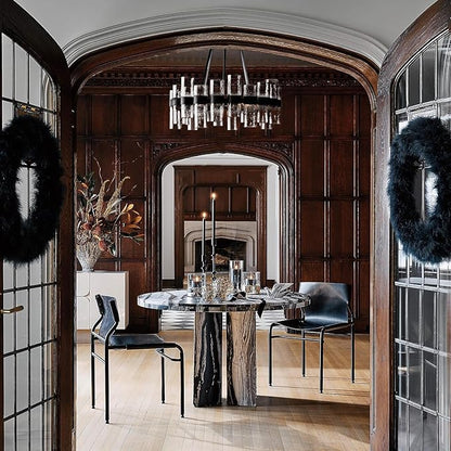 Round Black Glass Wagon Wheel Chandelier, Chandelier with Water Ripple Textured Recycled Clear Glass Piece, Modern Industrial Pendant Light with Metal Frame, Lighting Fixture for Living Room, Foyer