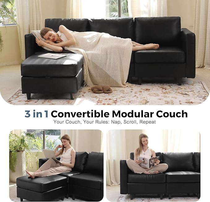 91.5" Luxury Modular Sleeper Sofa Bed with Storage Seat, 6 Seat Sectional Couch Deep Seat with Reversible Chaises & Removable Cover for Living Room - Faux Leather Black