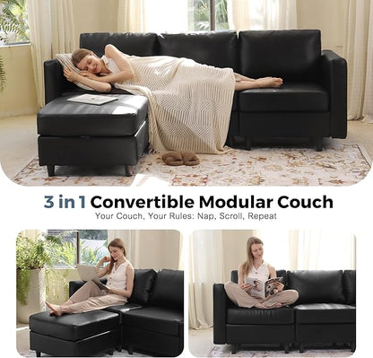 118.5" Faux Leather Modular Sectional Sofa, L Shaped Couch Set for Living Room, 5-Seater Comfy Cloud Couches with Movable Storage Ottoman,DIY Combination - Black