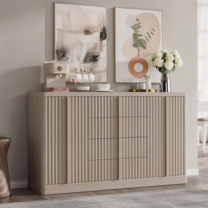 Buffet Cabinet with Storage, 60" Fluted Coffee Bar Cabinet with 4 Drawers & 2 Doors, Solid Wood Handle, Credenza Accent Storage Cabinet for Kitchen Living Dining Room, Natural Oak(1PCS)