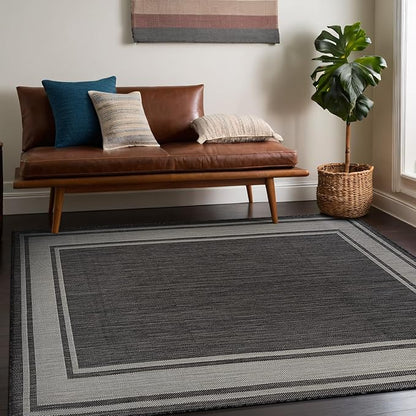 Beverly Rug Outdoor Rug 8x10 Modern Bordered Area Rugs for Indoor and Outdoor Patio Deck Porch Garden Waterproof Weather Sun Resistant Washable Outside Carpet (8 x 10 Dark Gray)