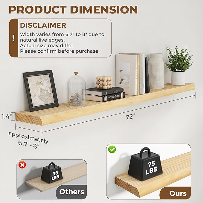 RICHFOCUS Live Edge Wood Floating Shelves 72" Natural Solid Wood Wall Mounted Shelf|Extra Long Floating Shelves for Wall with Invisible Bracket for Bathroom Kitchen Room|1Pcs, Natural