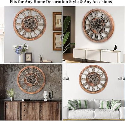HOIBAI Large Wall Clock 24 Inch Large Clocks for Living Room Decor with Moving Gears Vintage Industrial Steampunk Farmhouse Big Clock for Home Kitchen Bedroom Office