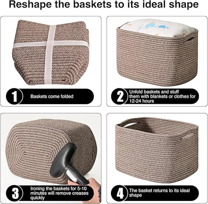Storage Baskets for Shelves Organizing, Woven Cotton Rope Baskets for Storage, Book Basket, Decorative Shelf Basket, 12.5"Lx9.1''Wx7.9''H (4 Packs) Dark Brown