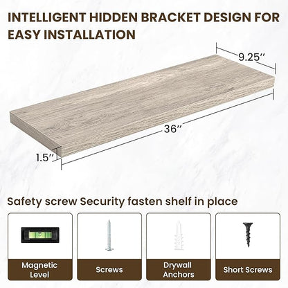 36 Inch Floating Shelves, 3D Textured Wood Grain, 36"x9.25"x1.5" Inch Deep Floating Shelves for Wall, Wooden Shelves for Bathroom, Bedroom, Living Room, Vintage Gray Oak, 2 Pieces