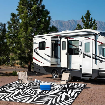 OLANLY Waterproof Outdoor Rug 9x12 ft, Reversible Outdoor Plastic Straw Rug with Leaf Pattern, RV Mat, Indoor Outdoor Carpet for Patio, Camping, Balcony, Deck, Backyard, Black & White