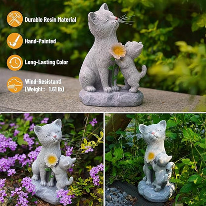 Solar Cat Garden Statue Outdoor Decor - Mother & Kitten Figurines with Flower LED Light, Outside Yard Art Patio Balcony Lawn Ornament, Unique Gifts for Cat Lover