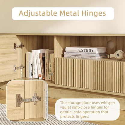 Coffee Table and TV Stand Set of 2, Round Center Table with Storage,Fluted Coffee Table with 360° Sliding Doors, 86.6" Entertainment Center for Bedroom, Living Room,Natural