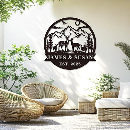 Personalized Rustic Metal Deer Cabin Sign, Outdoor Welcome Sign for Front Porch, Great Custom Metal Name Sign Gift for Hunters, Farmhouse Cabin Decor