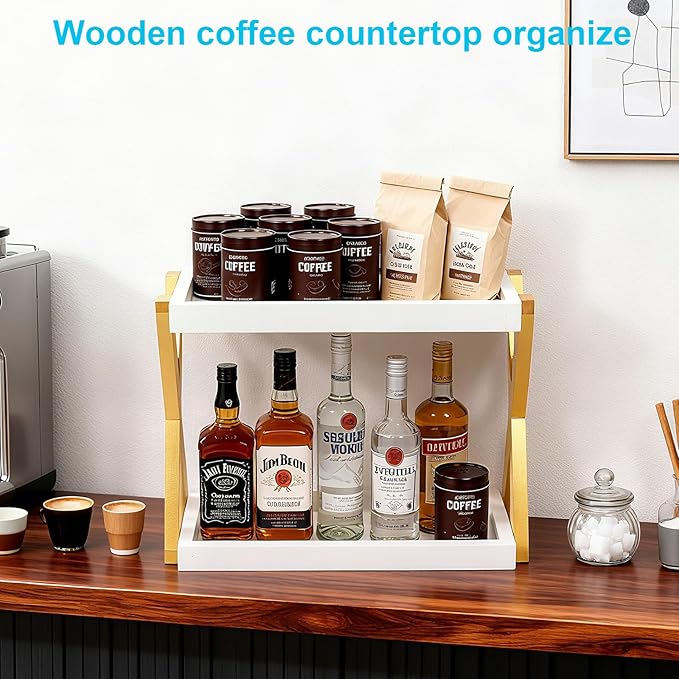 Bathroom Counter Organizer with Basket, Wooden Sink Shelf for Vanity Storage, Storage Organizers for Bathroom, Kitchen, Dresser (Gold-White)