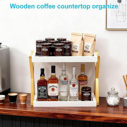 Bathroom Counter Organizer with Basket, Wooden Sink Shelf for Vanity Storage, Storage Organizers for Bathroom, Kitchen, Dresser (Gold-White)