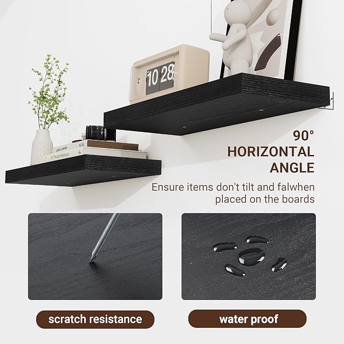 16 Inch Floating Shelves, 16"x9.25"x1.5" Inch Deep Floating Shelves for Wall, Wooden Shelves for Bathroom, Bedroom, Living Room, Black