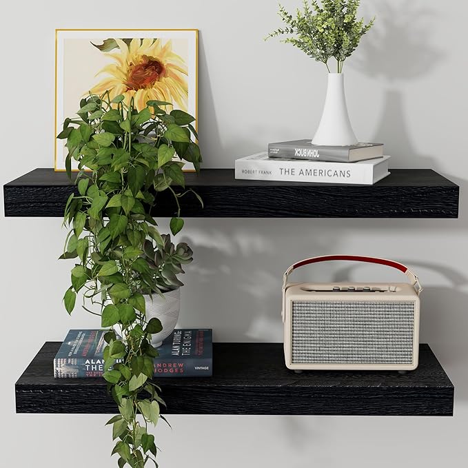 Axeman Floating Shelves, 2 Pack 8 Inch Deep Modern Solid Wood Wall Shelves for Storage, Wall Mounted Display Shelving with Invisible Heavy-Duty Metal Bracket, 24" W x 8" D x 1.6" H, Distressed Black