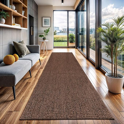 CAMILSON Indoor and Outdoor Runner Rug Brown Solid Boho Woven Design Easy-Cleaning Non Shedding Fiber Living Room Bedroom Garden Patio and Kitchen Washable Outside Carpet Alfombras (2x7)