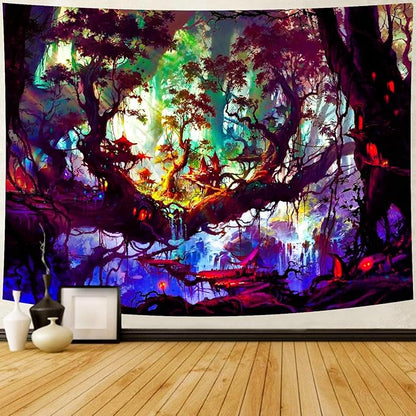 Delur Fantasy Forest Tapestry Mystical Landscape Magical Enchanted Forest Tree Nature Tapestry Psychedelic Wall Hanging Headboard for Bedroom Living Room Home Decor (70.8" x 92.5")