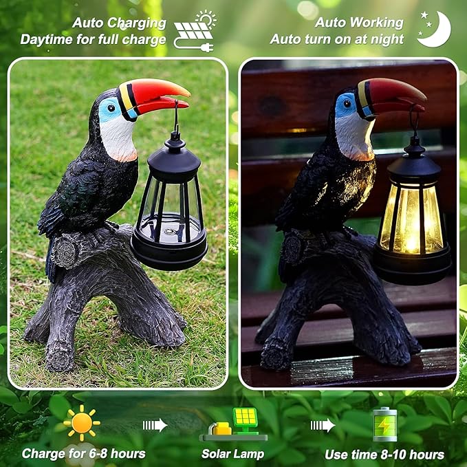 Toucan Garden Statues Decor, Solar Waterproof 9.5" Colorful Tropical Bird Sculpture with LED Lights Funny Garden Outdoor Exotic Bird Sculpture Decoration for Lawn Porch Yard Patio Tiki Bar