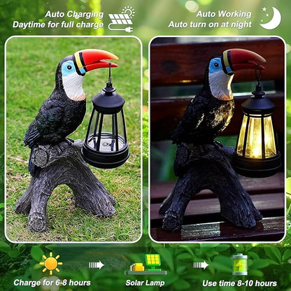 Toucan Garden Statues Decor, Solar Waterproof 9.5" Colorful Tropical Bird Sculpture with LED Lights Funny Garden Outdoor Exotic Bird Sculpture Decoration for Lawn Porch Yard Patio Tiki Bar