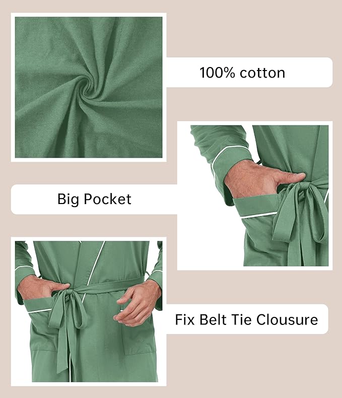 COLORFULLEAF Mens 100% Cotton Robes Lightweight Summer Long Bathrobe Sleepwear Soft Knit Spa Robe with Pockets