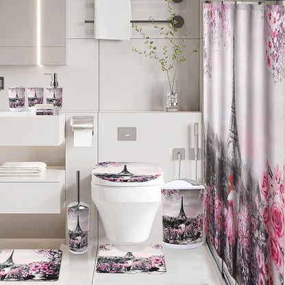 Bathroom Accessories Set with Shower Curtain Bath Rugs Pink Paris Bathroom Accessories with Trash Can, Shower Curtain Set,Bath Rugs for Home Decor