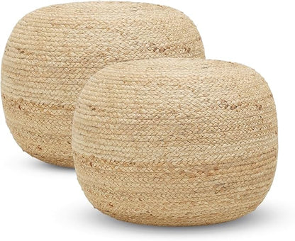 REDEARTH · Jute Circular Pouf Ottoman - Braided Pouffe Accent Sitting Round Footrest for Living Room, Bedroom, Nursery, kidsroom, Patio, Gym; 100% Jute Set of 2 (19.5"x19.5"x14"; Jute Natural)