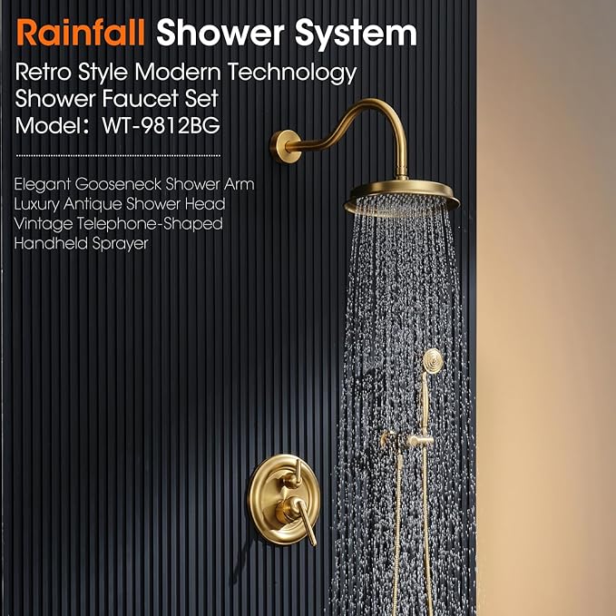 Antique Rainfall Shower System Bathroom Luxury Rain Mixer Shower Faucet Set with Pressure Balance Valve, Shower Combo Set with Rain Shower Head and Vintage Handheld Spray 9 inch Brushed Gold