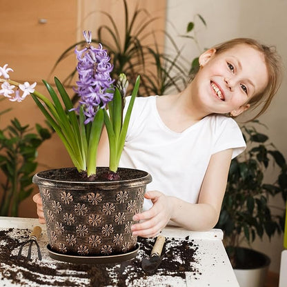 8 Inch Planter Pots for Plants, Plastic Flower Pots Indoor Outdoor, 5 Pack Resin Plant Pot with Drainage & Saucer, Retro Decorative Garden Pot with Removable Trays for House