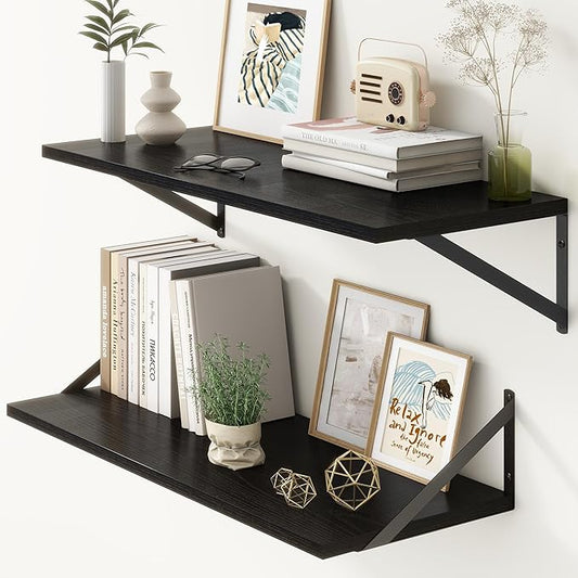 12 Inch Deep Floating Shelves, 30W x 12D Wall Shelves with Brackets, Black Floating Shelves 30 Inch Long, Rustic Wood Wall Shelf, Wide Storage Display Shelf for Kitchek, Living Room, Bathroom