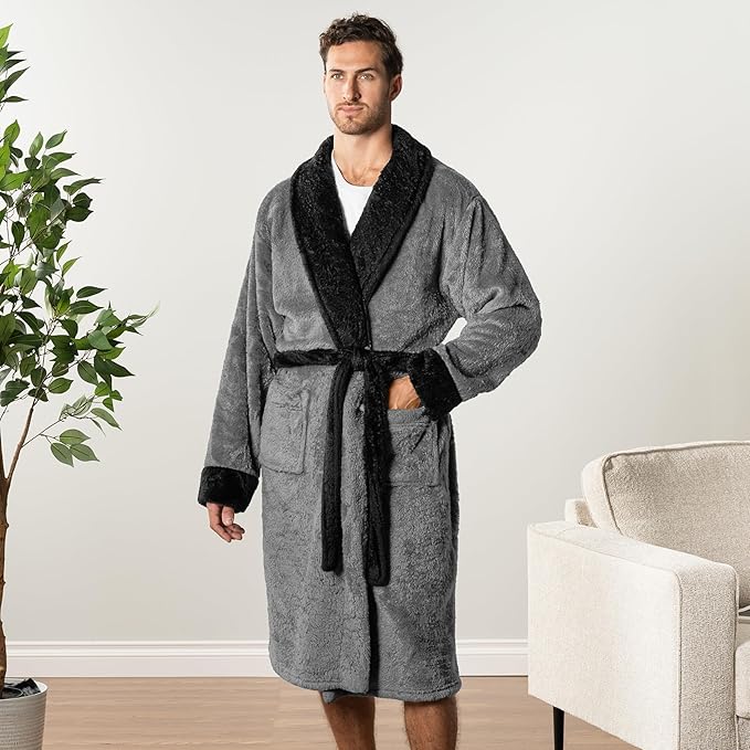 PAVILIA Mens Soft Robe, Plush Fluffy Fleece Bathrobe Men, Long Sherpa Shaggy Spa Robe